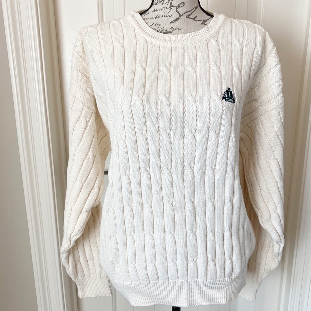 Vintage IZOD Men’s White Cable Knit Long Sleeve Sweater With Insignia Medium